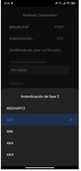 Desplegable de Autenticación de fase 2 con GTC marcado