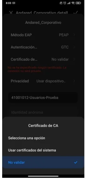 Desplegable de Certificado de CA con No validar marcado