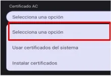 Desplegable de certificado sin la opción No validar