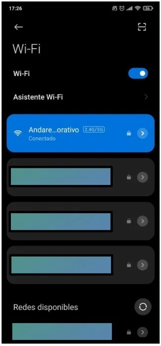 Lista de redes con Andared_Corporativo marcado como conectado