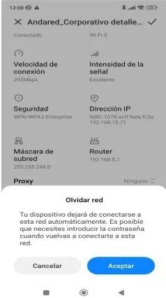 Aviso de confirmación de Olvidar red con el botón Aceptar