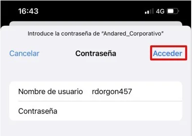 Cuadro de contraseña con los campos de usuario y contraseña y el botón Acceder