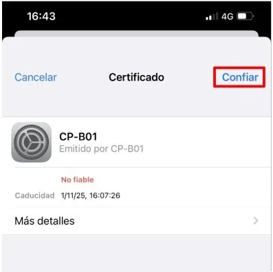 Pantalla del certificado del servidor con el botón Confiar
