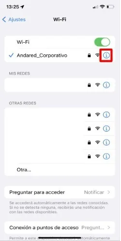 Lista de redes con el símbolo de información señalado
