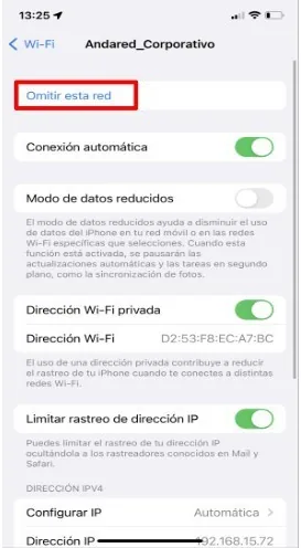 Ficha de la red con la opción Omitir esta red señalada
