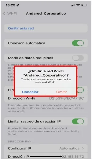 Aviso de confirmación con los botones Cancelar y Omitir