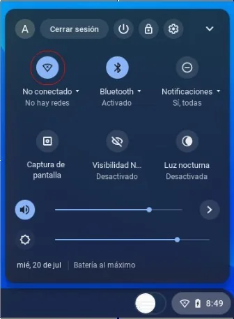Panel de configuración rápida de Chrome OS con el icono de red señalado