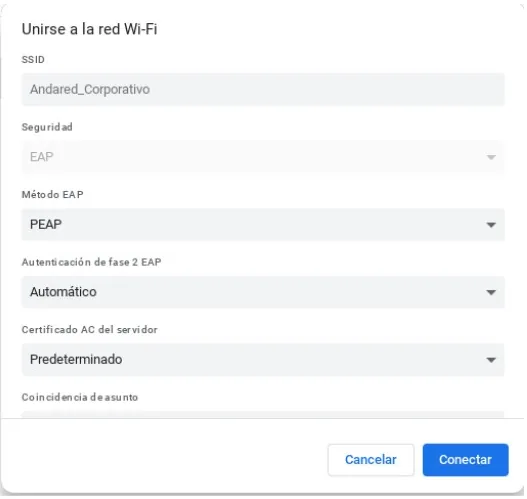 Ficha Unirse a la red Wi-Fi con método EAP PEAP y certificado Predeterminado