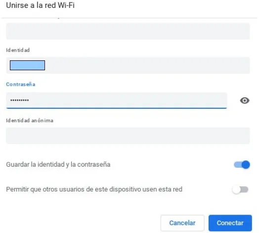 Parte inferior de la ficha con los campos de identidad y contraseña