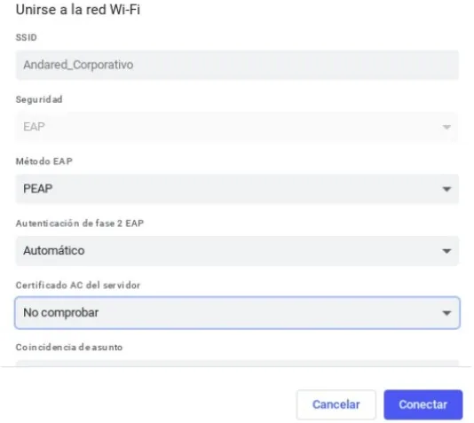 La misma ficha con el certificado AC del servidor puesto en No comprobar