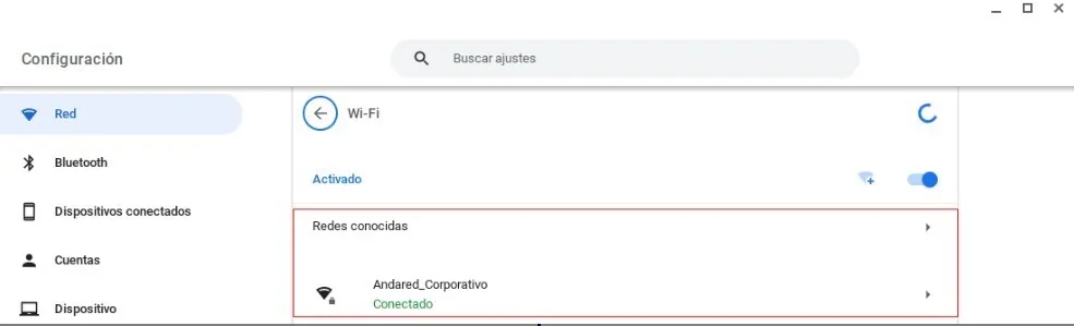 Lista de redes conocidas con Andared_Corporativo señalado