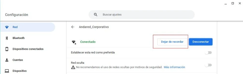 Ficha de Andared_Corporativo con el botón Dejar de recordar señalado
