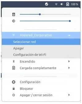 Menú del sistema desplegado con la opción Seleccionar red resaltada