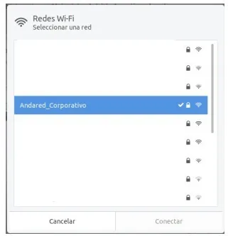 Ventana Redes Wi-Fi con Andared_Corporativo seleccionado