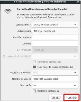 Panel de autenticación de la red con todos los campos rellenos