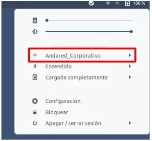 Menú del sistema con Andared_Corporativo señalado
