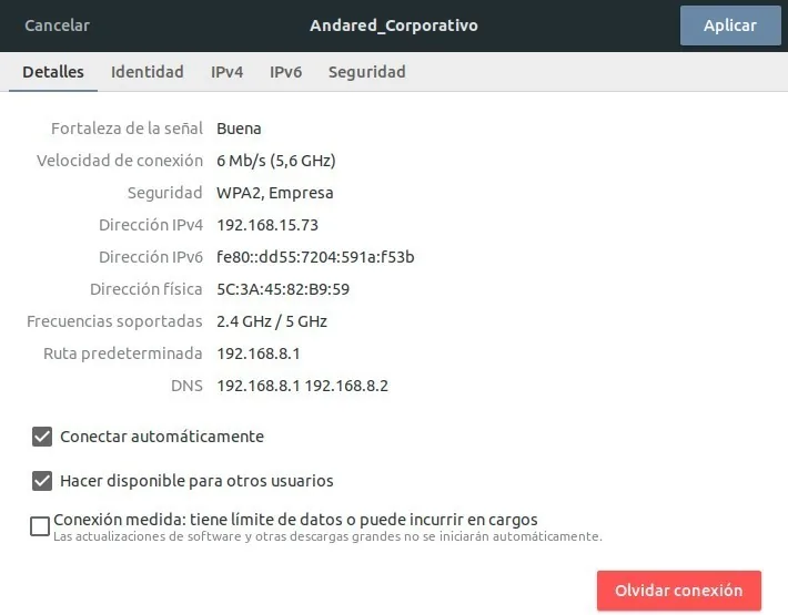Detalles de la red Andared_Corporativo con el botón Olvidar conexión señalado