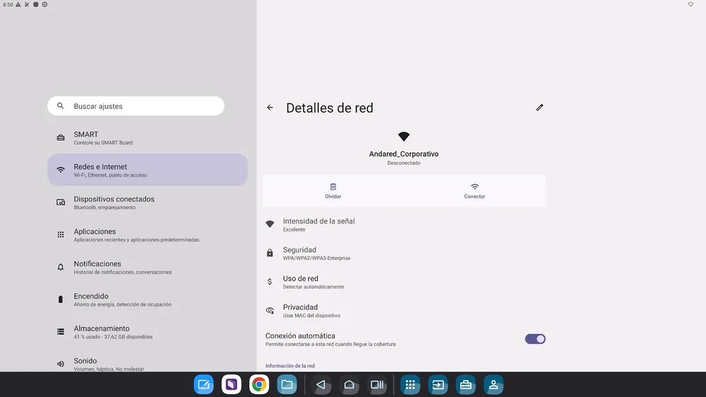 Detalles de red con los botones Olvidar y Conectar