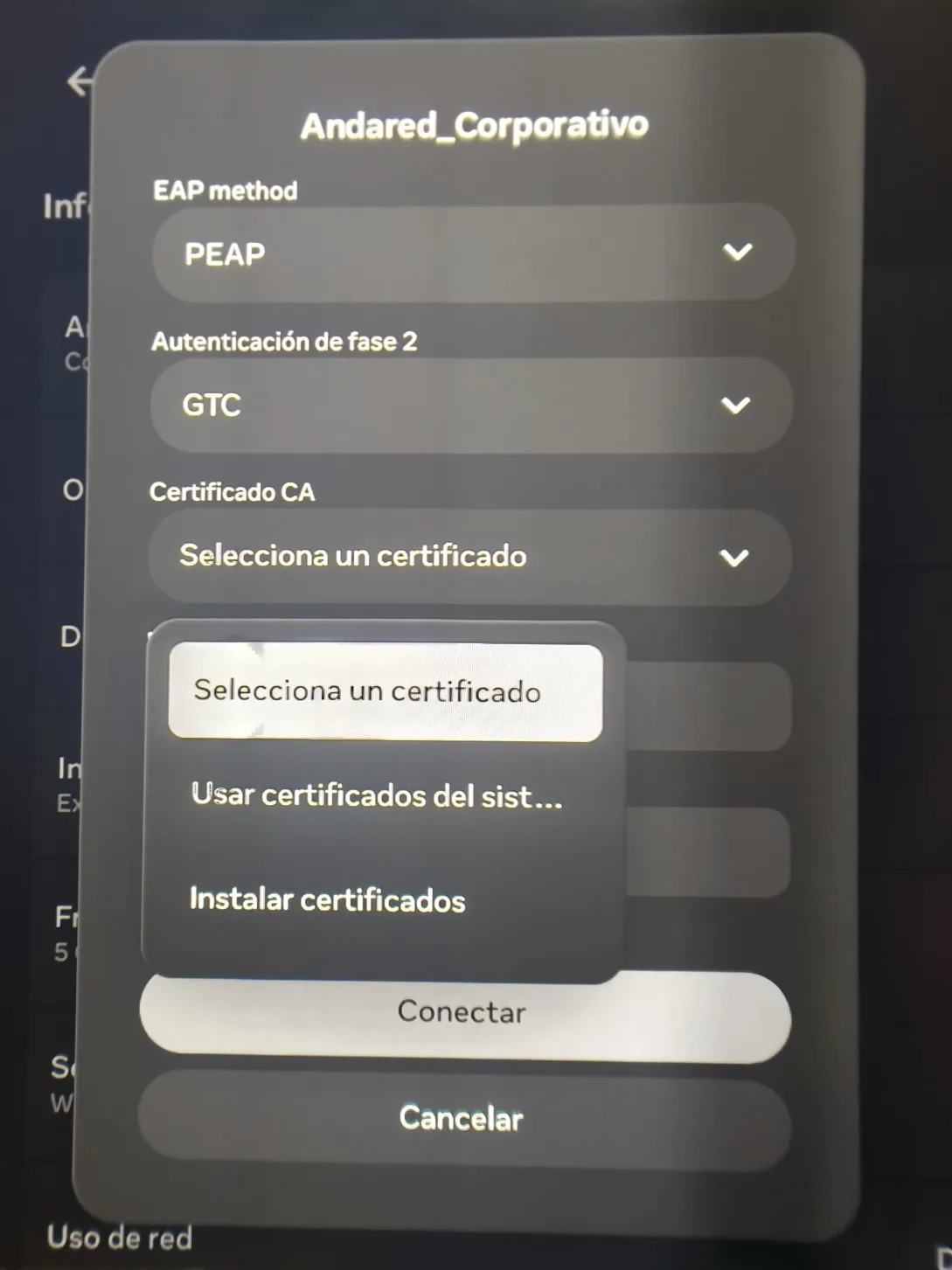 Ficha de red de las Meta Quest con el desplegable de Certificado CA abierto