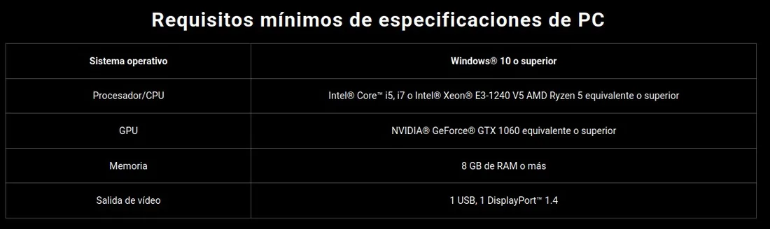 Tabla de requisitos mínimos del PC: Windows 10 o superior, Core i5, GTX 1060, 8 GB y DisplayPort 1.4