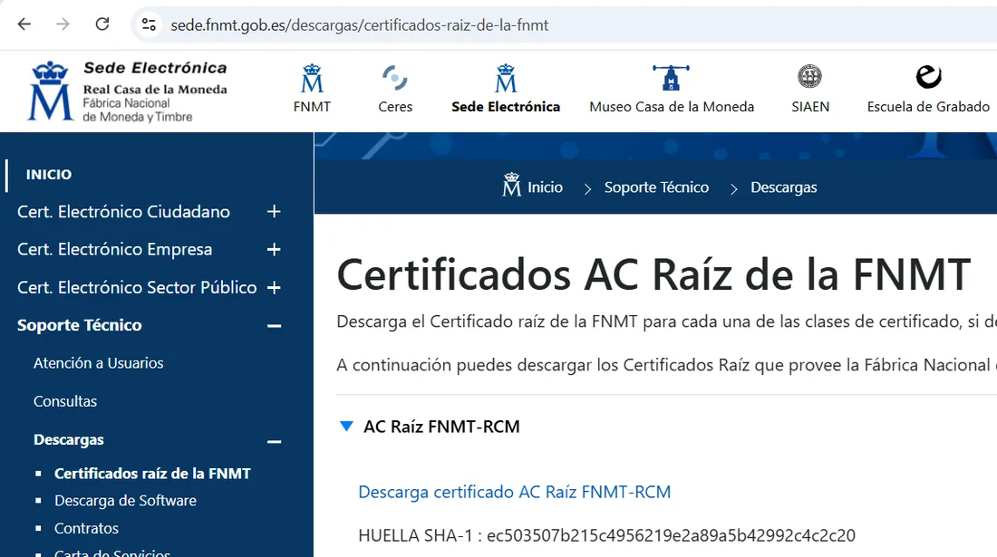 Web de la Sede Electrónica de la FNMT con la descarga del certificado raíz