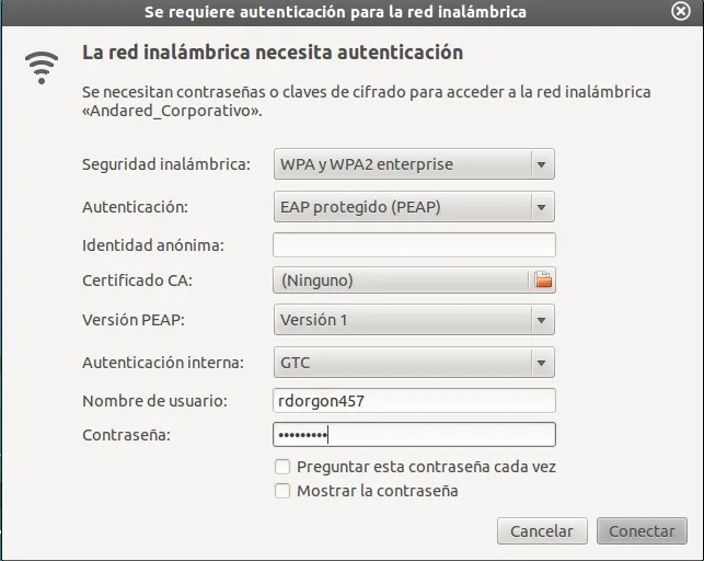 Panel de autenticación de la red con los cinco campos rellenos