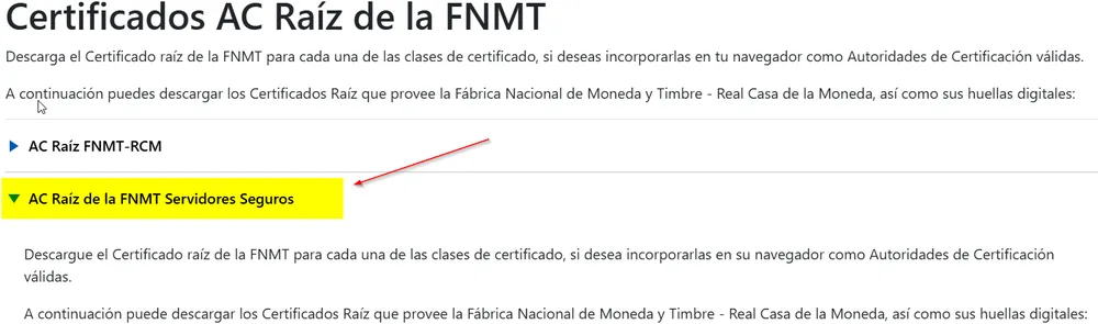 Página de certificados raíz de la FNMT con AC Raíz Servidores Seguros señalado