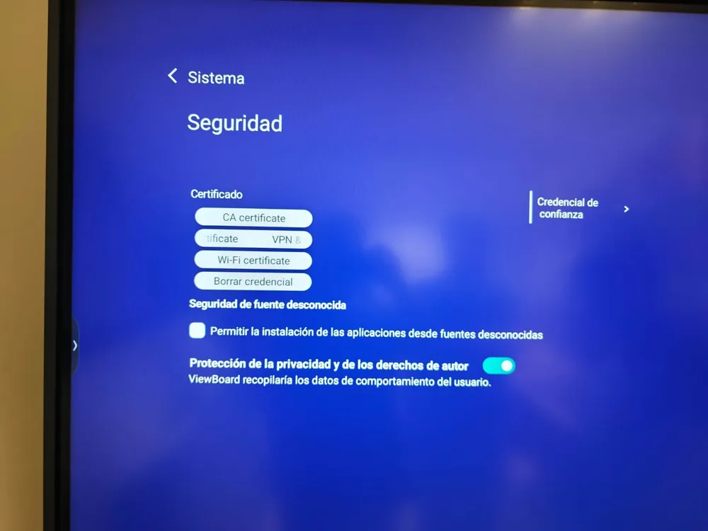 Pantalla de Seguridad con los botones de certificado