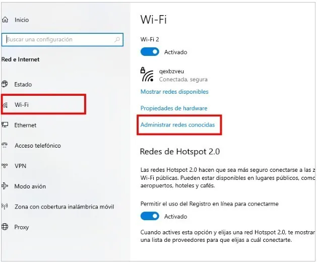 Ajustes de Wi-Fi con la pestaña Wi-Fi y Administrar redes conocidas señaladas
