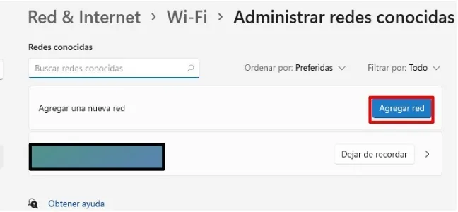 Pantalla de redes conocidas con el botón Agregar red señalado