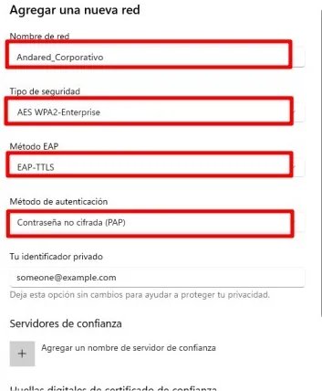 Formulario Agregar una nueva red con los cuatro campos señalados