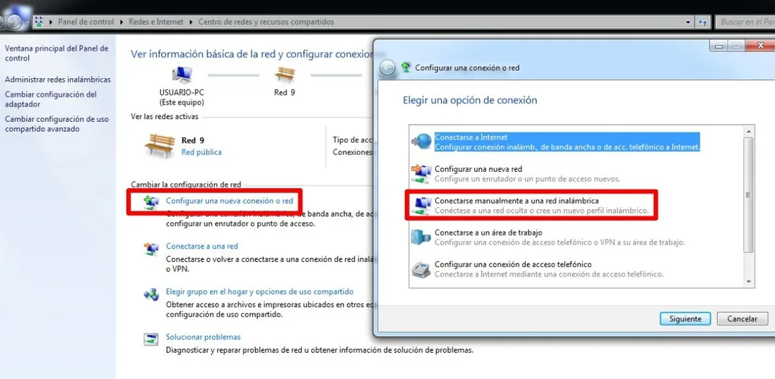Centro de redes y recursos compartidos con las dos opciones señaladas