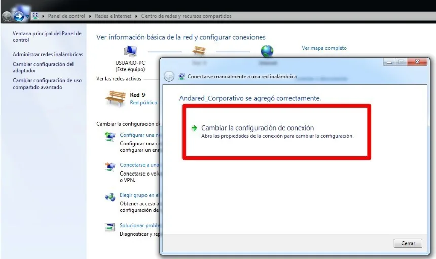 Aviso de red agregada correctamente con la opción Cambiar la configuración de conexión señalada