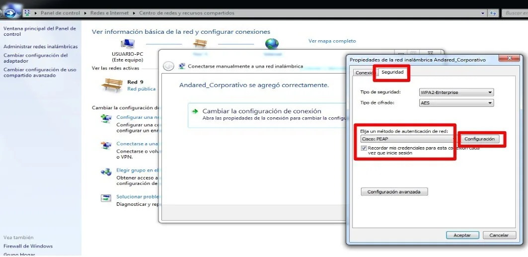 Propiedades de la red inalámbrica con Cisco:PEAP seleccionado