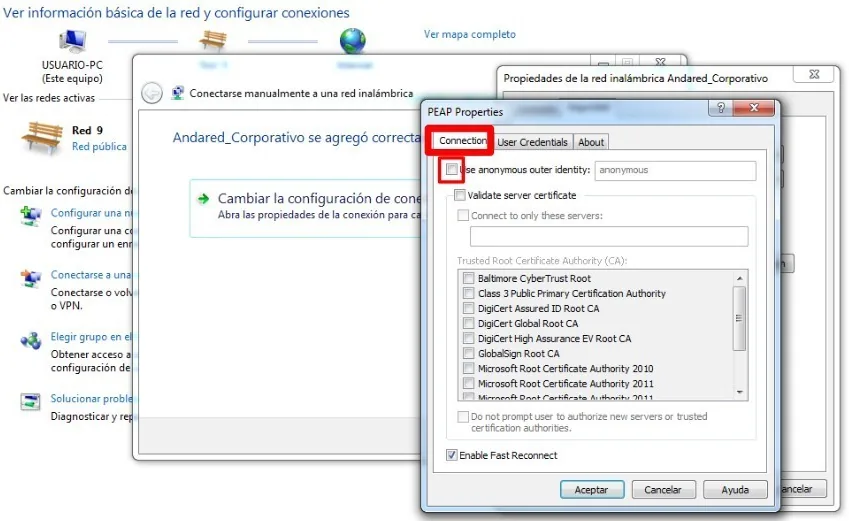 Ventana PEAP Properties, pestaña Connection, con la casilla Use anonymous outer identity desmarcada