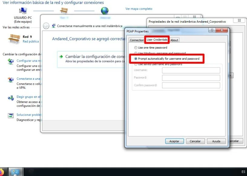 Ventana PEAP Properties, pestaña User Credentials, con la opción Prompt automatically marcada