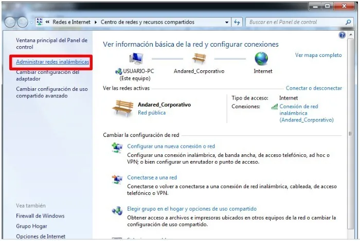 Centro de redes y recursos compartidos con Administrar redes inalámbricas señalado