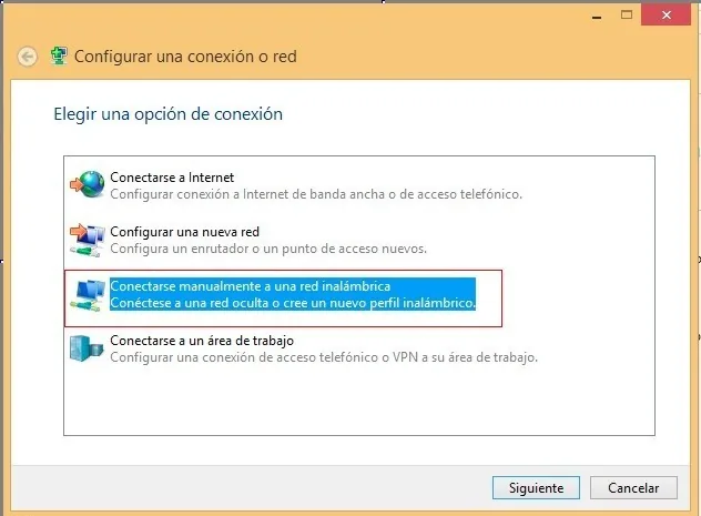 Cuadro Elegir una opción de conexión con Conectarse manualmente a una red inalámbrica señalado