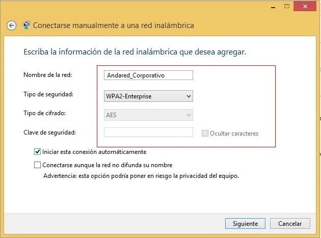 Formulario de red inalámbrica con los tres campos rellenos