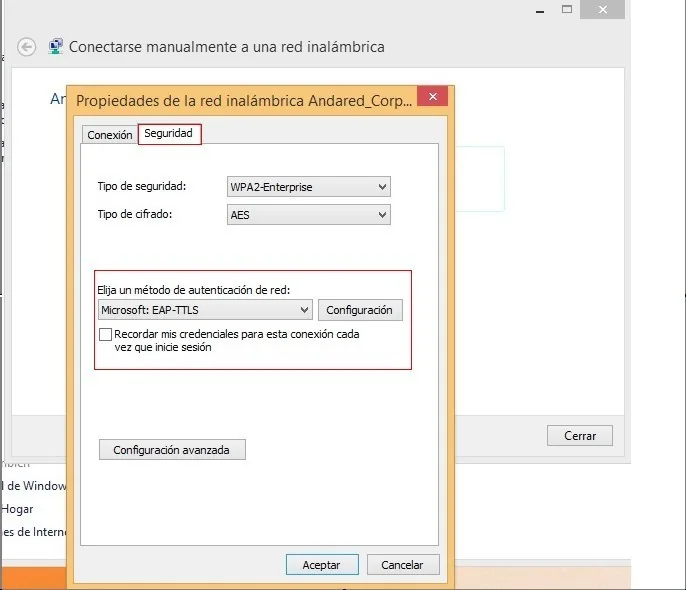 Propiedades de la red inalámbrica con Microsoft: EAP-TTLS seleccionado