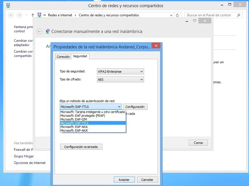 Lista desplegada de métodos de autenticación en Windows 8