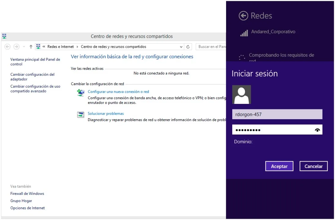 Panel Redes de Windows 8 pidiendo usuario y contraseña